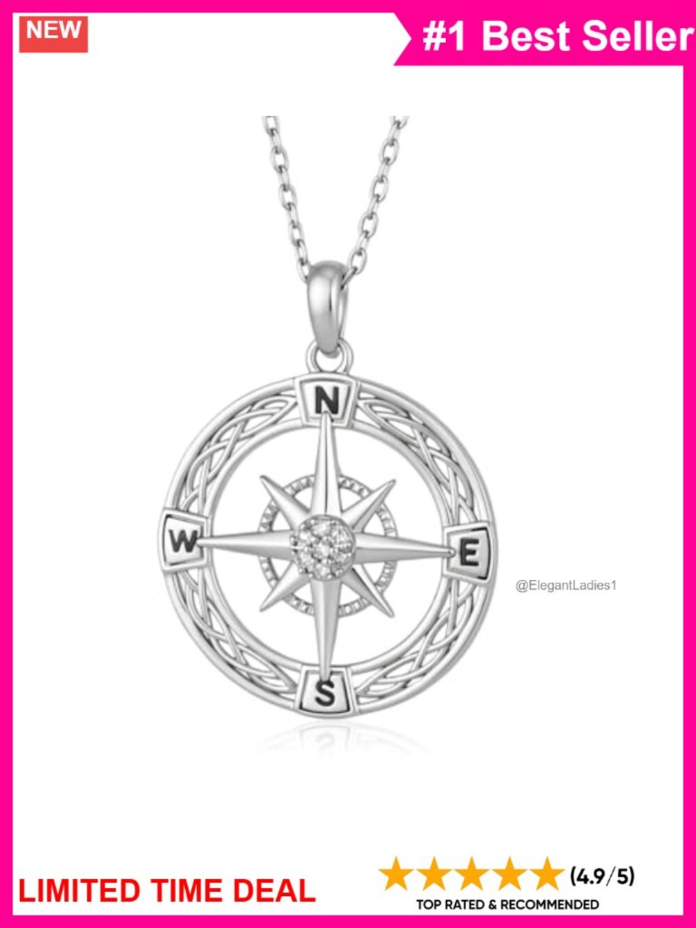 Sterling Silver Compass Sunflower Pendant Necklace Lab Grown Diamond 18+2in